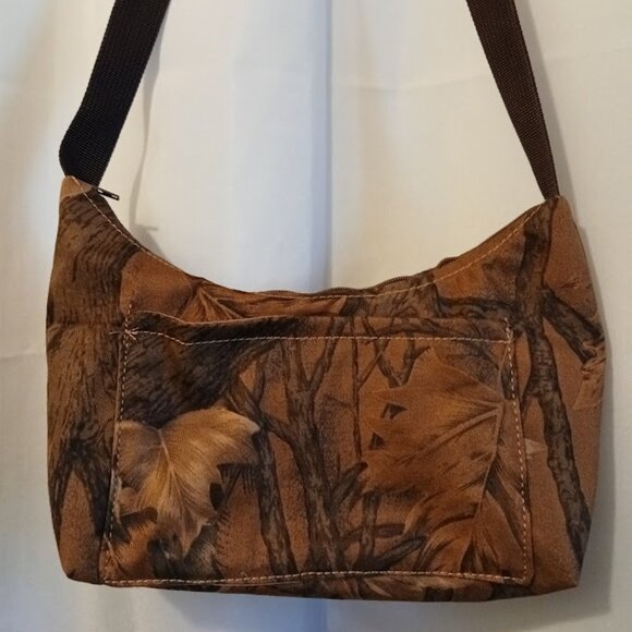 New Canvas Vinyl Camo Top handle Shoulder Bag Purse Brown Crescent Baguette - Picture 8 of 10